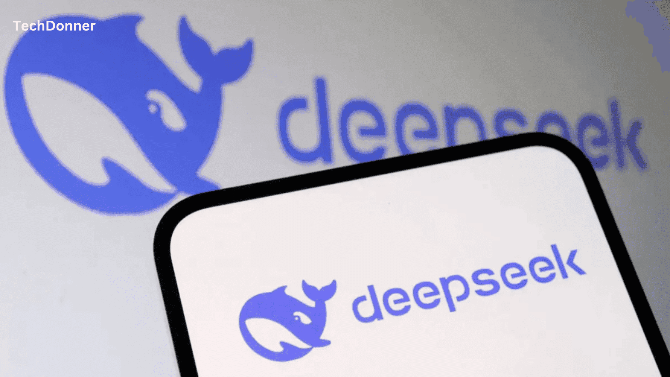 Deepseek AI logo on a mobile screen and in background