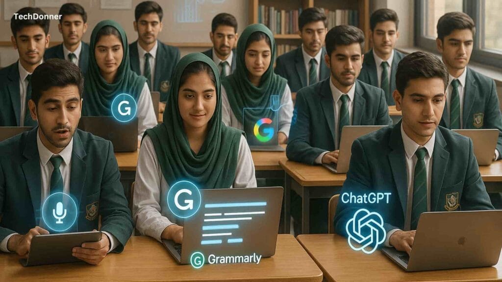 a group of students using ai to study.
